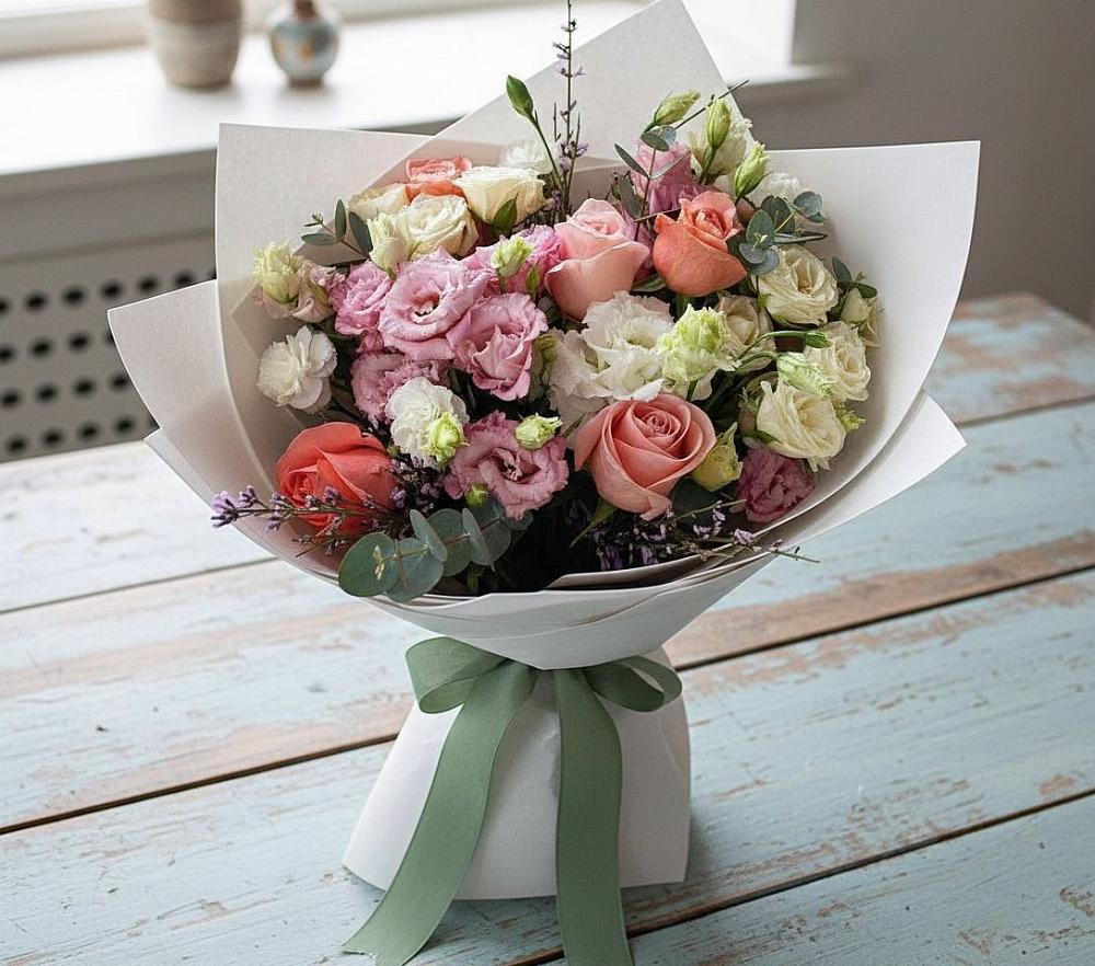 Букет цветов из: Розы, Лизиантусы и Гвоздики в Вишневогорске