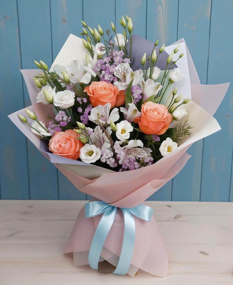 Букет цветов из: Лизиантусы, Розы, Альстромерии и Гипсофила в Вишневогорске