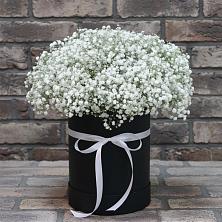 Цветочная композиция из Гипсофила в шляпной коробке в Вишневогорске